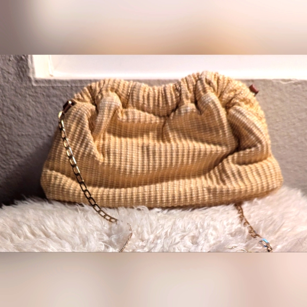 Mansur Gavriel Mini Cloud Woven Clutch in Natural with Chain Strap